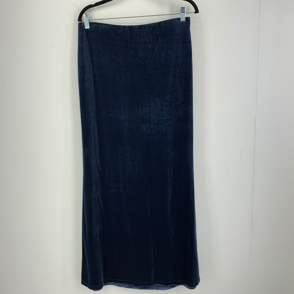 Dark Academia Goth Luxe Hem Thread Blue Stretch Velvet Maxi Skirt Large Straight